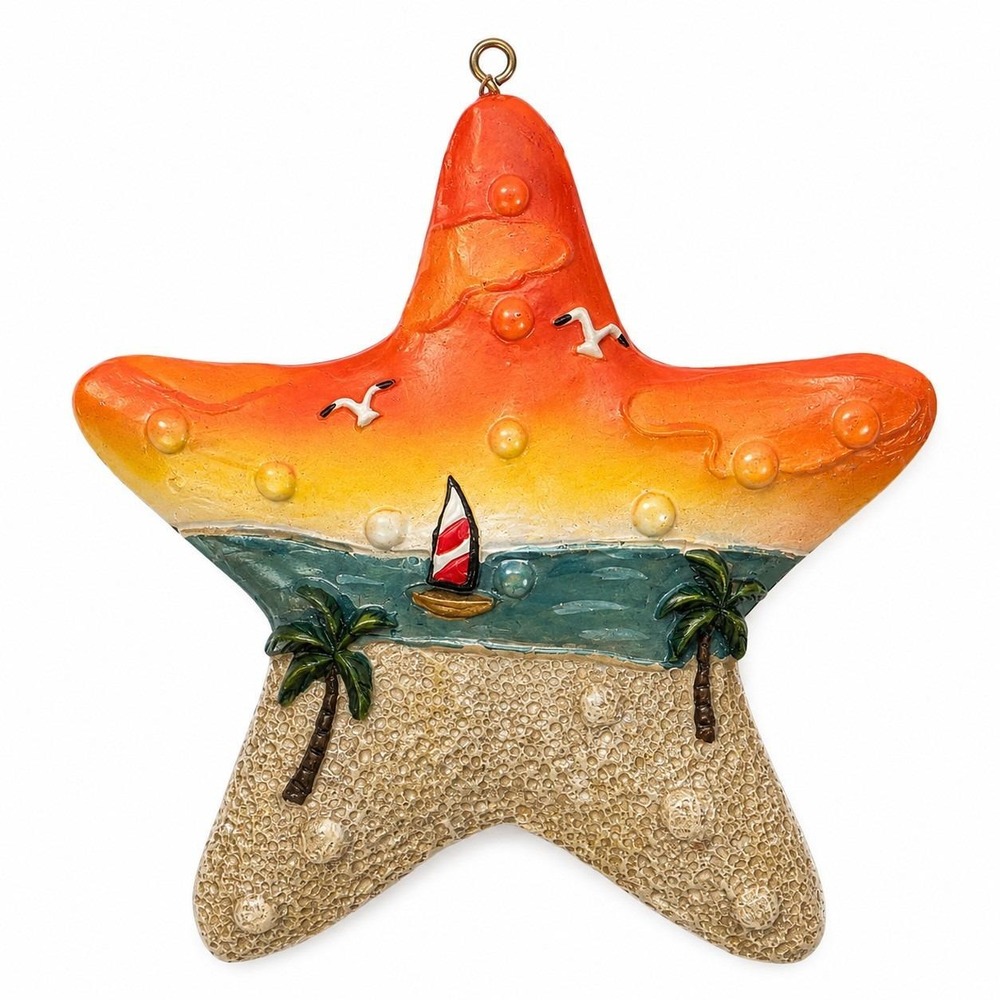 Hand Painted Tropical Starfish Beach Coastal Decor Sailboat Palm...